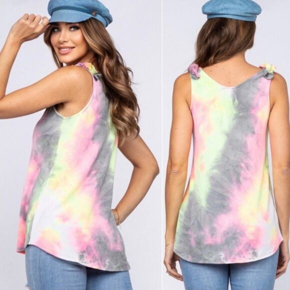 Celeste Women's Soft French Terry Ruffle Relaxed Tank Top Retro Neon Tie Dye - Picture 7 of 7